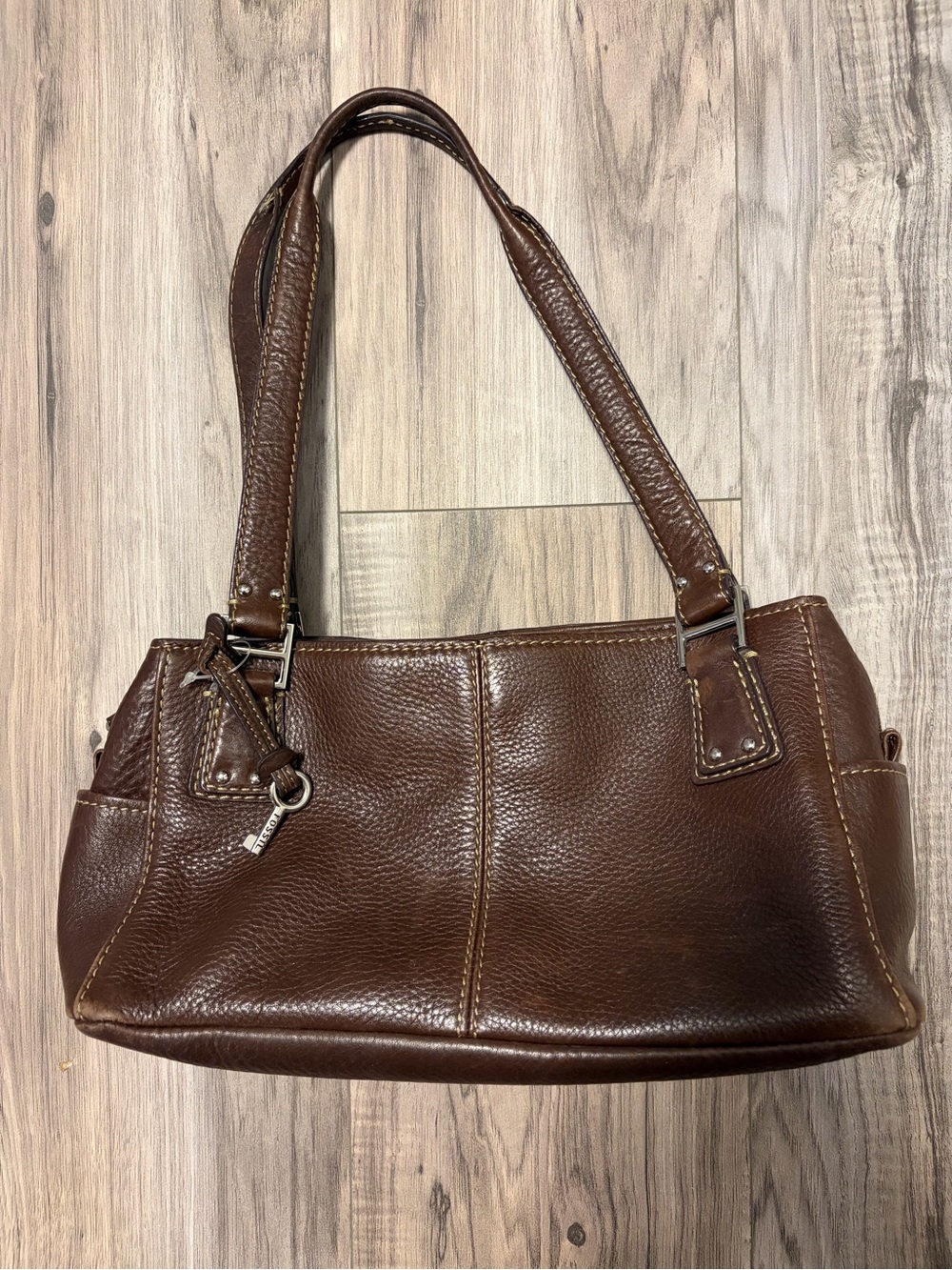 Fossil Brown Pebbled Leather Shoulder Bag with Double Straps